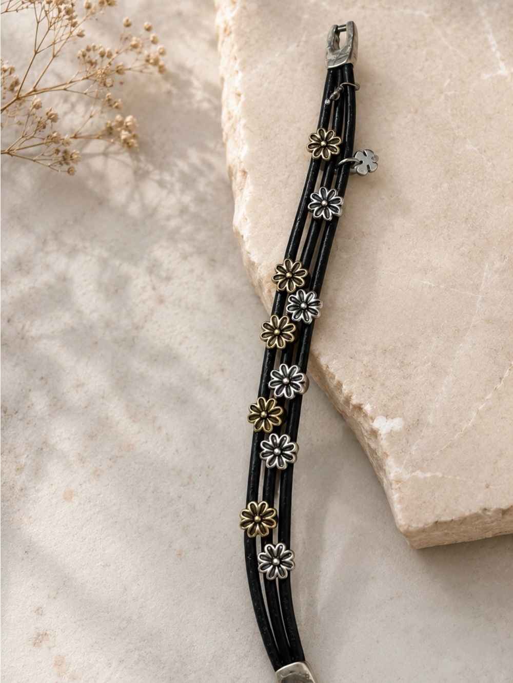 Black Leather Multi-Strand Bracelet with Gold & Silver Daisy Charms